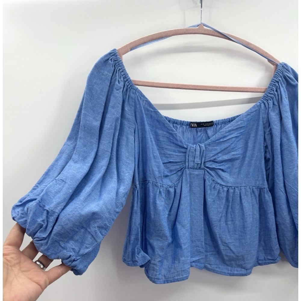 Zara Babydoll Top Medium Puff Sleeve Linen Lyocell Milkmaid Peasant Cottage Blue